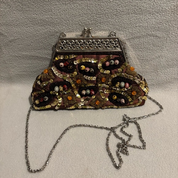 Brown Beaded Clutch Evening Sequin Purse with silver tone art decor frame handle - Picture 1 of 7